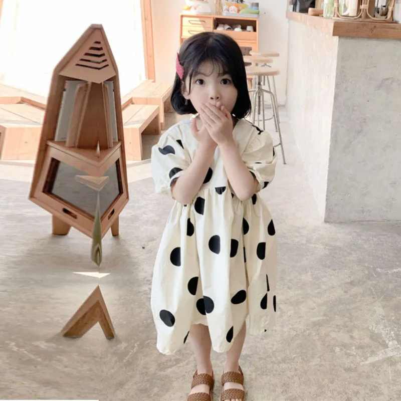 

Girl clothes summer season Dress lantern sleeve wave point print wild casual princess dresss fashion Quality children's clothing