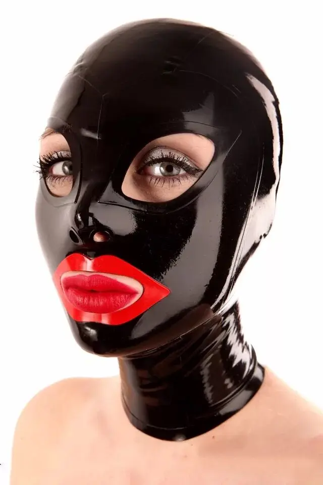 Ручная работа сексуальные женские латексные колпаки маска открытые глаза рот с