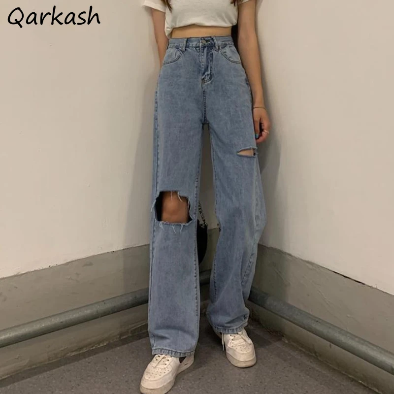 

Women Jeans Solid High Waist Holes Vintage Chic Harajuku Streetwear All-match Baggy Casual Mopping Denim Trousers Teens Cool New