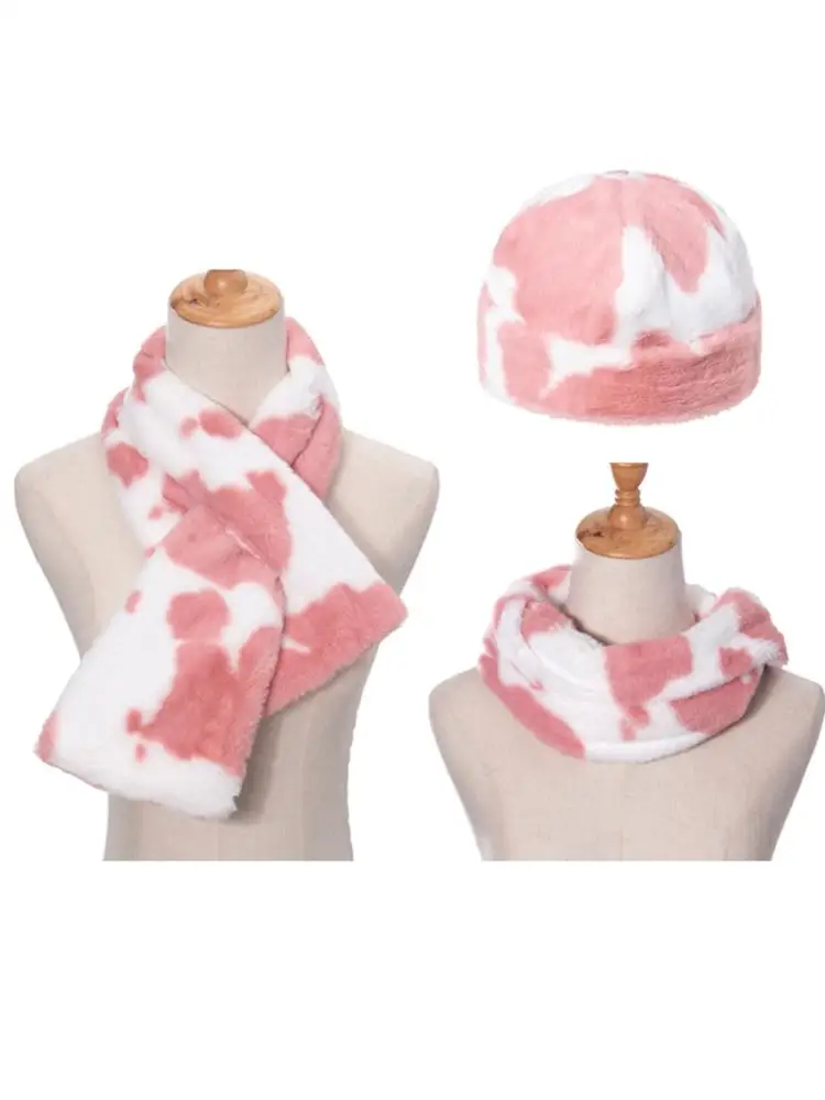 

3Pcs Winter Milk Cow Print Fluffy Plush Warm Beanie Skull Hat with Scarf Set