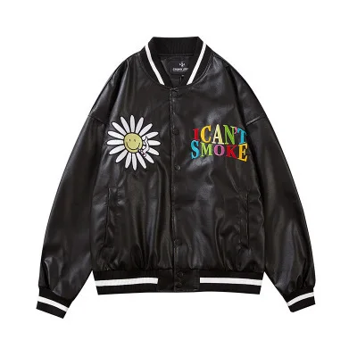 

New women PU Leather Patchwork Bomber Jacket Daisy Embroidery Letter Spring and Autumn College style Men's Baseball Jacket 2021