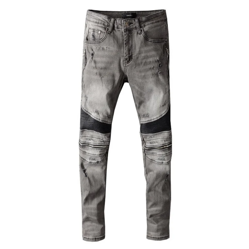 

High street fashion brand new AMIRI punk wind and smoke gray jeans men's slim slimming feet motorcycle pants AMIRI pants