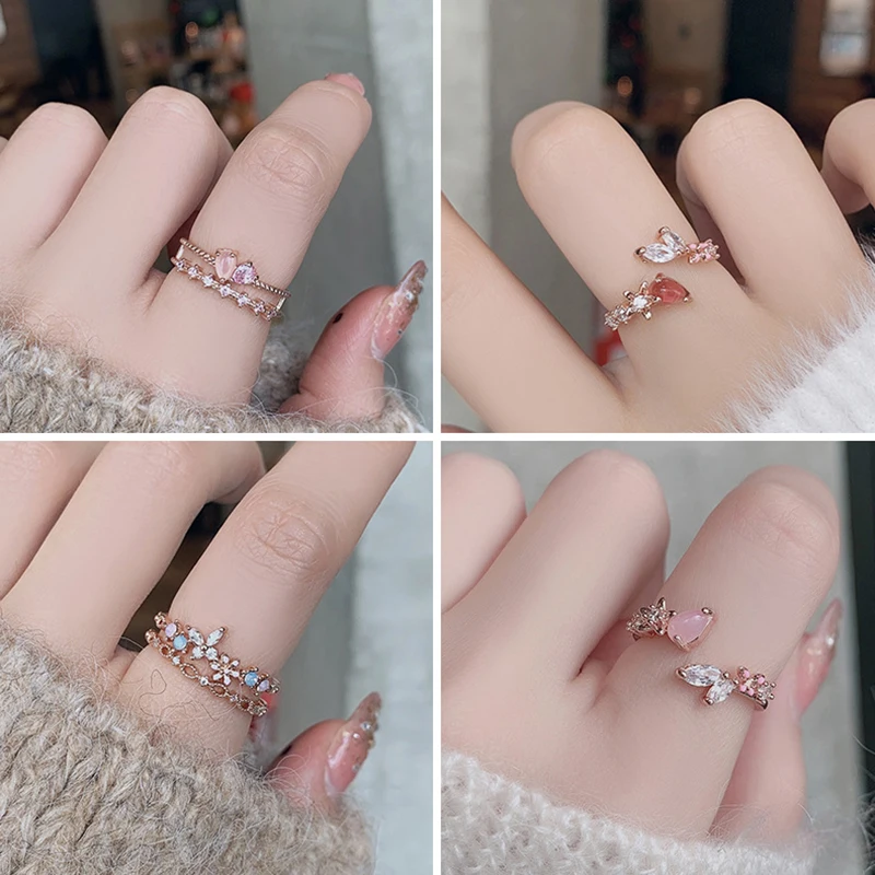 

Candy Color Vintage Bohemian Adjustable Index Inlaid Zircon Finger Ring Double Layer Open Ring Women Ring