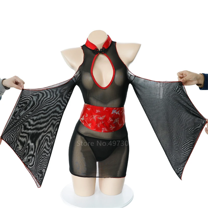 

Japanese Sexy Kimono for Women Black Lace Floral Dress Vintage Buckle Bow Waistband Yukata Haori Elegant Backless Split Skirt