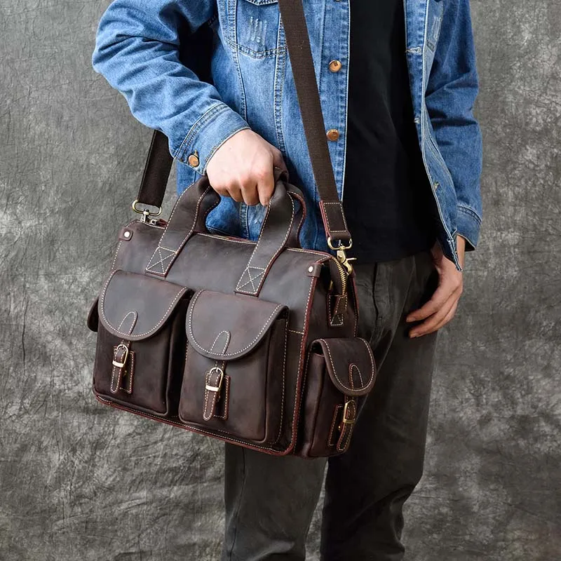 Luufan Genuine Leather Men's Briefcase Vintage Crazy Horse Leather Male Laptop Bag Business Messenger Bag Work Tote Shoulder Bag