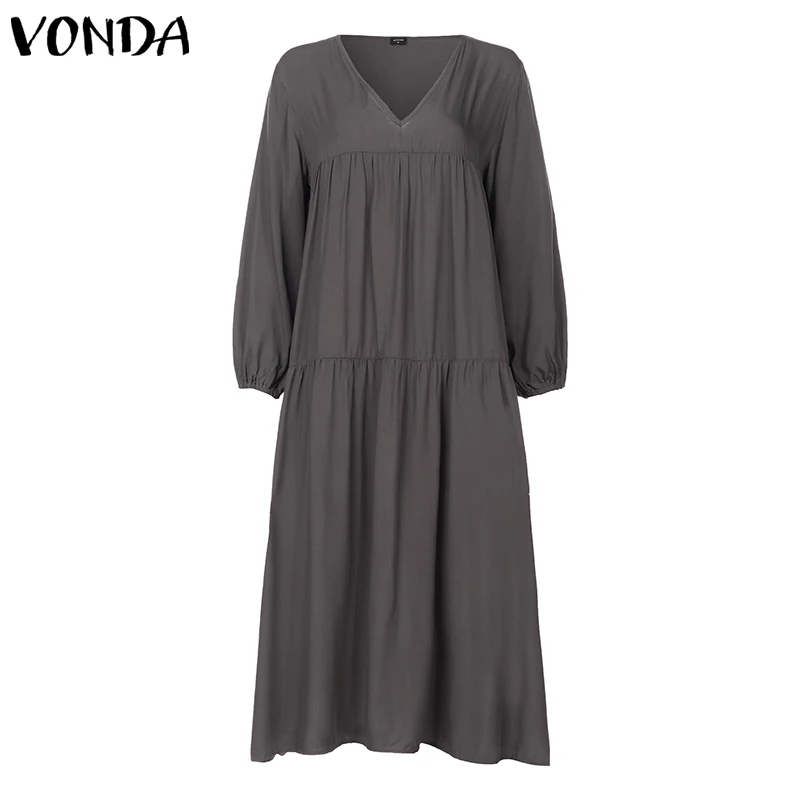VONDA, женское осеннее платье с длинным рукавом, повседневное, свободное, сплошное, богемное, v-образный вырез, сексуальные платья, для вечеринки, Vestidos, макси, длинное платье, Femme