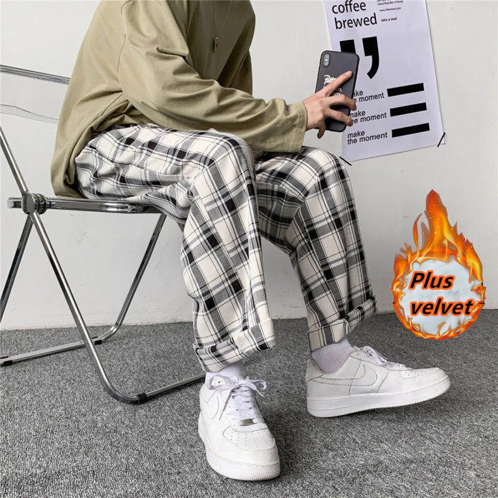 

2020 NEW Mens Casual Plaid Pants Trend Loose Plus Velvet Thick Plaid Pants Straight Street Style Trousers