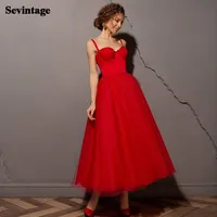 Sevintage Simple Red A Line Prom Party Dresses Short Spaghetti Straps Tulle Homecoming Dress Tea Length Formal Gowns For Junior