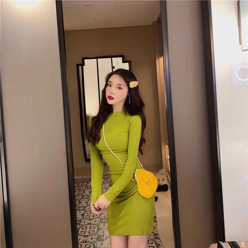 

2020 Autumn New Korean Style Sexy Tight Bag Hip Long-Sleeved Dress Medium-Length Dress Women's Fashion