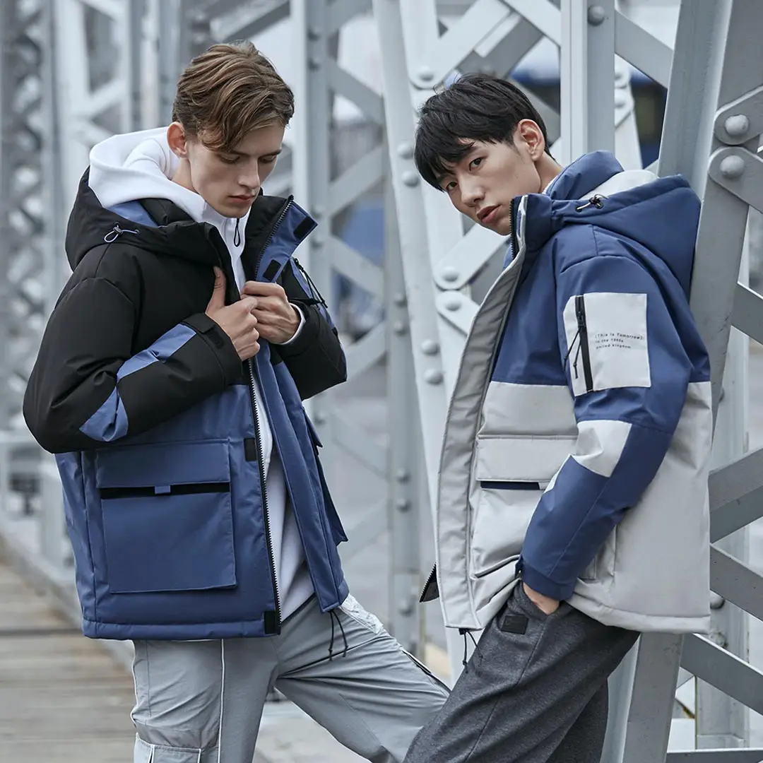2019 New Xiaomi Casual Men Down Jacket Color Splice Warm Hooded White Duck Coat For Winter Waterproof Working Style |