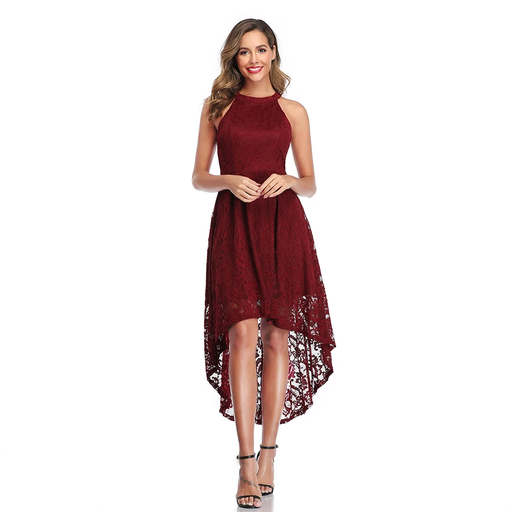 

Sexy Hollow Out Lace Asymmetrical Hem Dress Women Summer Casual Halter Sleeveless Elegant Slim Office Long Party Dress Vestidos