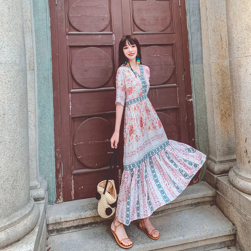 

2021 Newest Summer Popular Bohemian MultiColor Floral Print Long Dress Retro V-Neck Short Sleeve Party Maxi Dress Arabic Clothes
