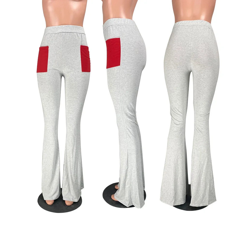 

High Waisted Flare Palazzo Wide Leg Pants Casual Patchwork Pocket Women Elastic Flare Pants Trouser