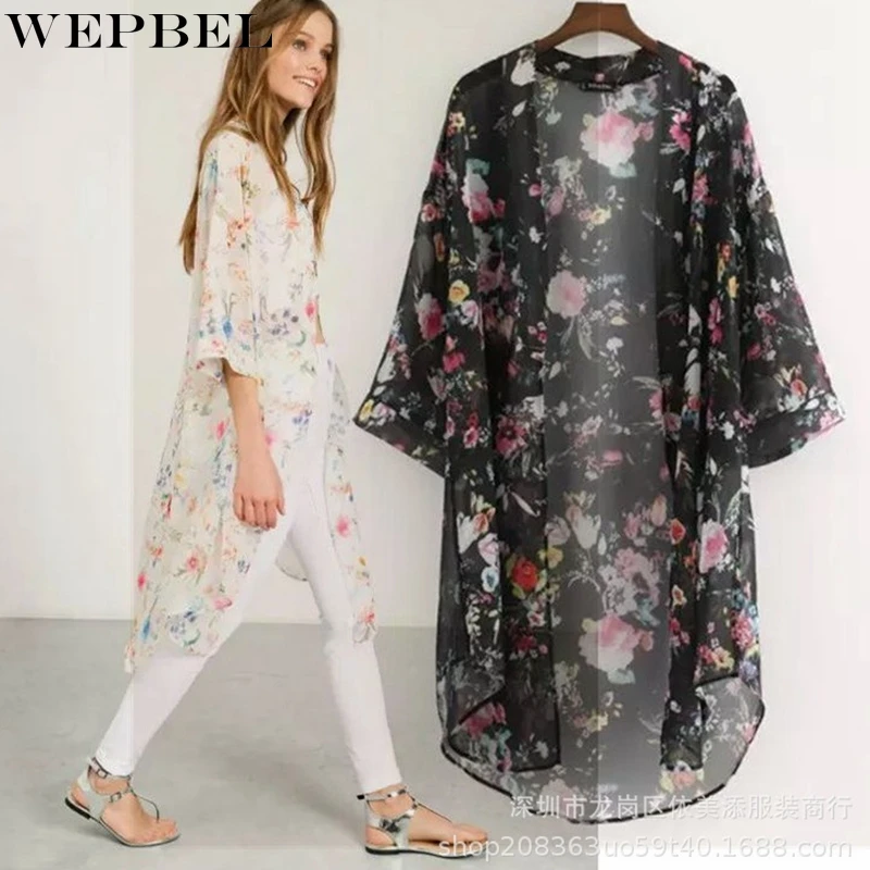 

WEPBEL Chiffon Coat Women's Casual Floral Print Loose Coat Summer Cardigan Half Sleeve Turn-down Collar Beach Long Coat