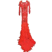 red appliques mesh perspective women dresses long tailing feather backless dresses wedding prom costumes dancer stage outfit