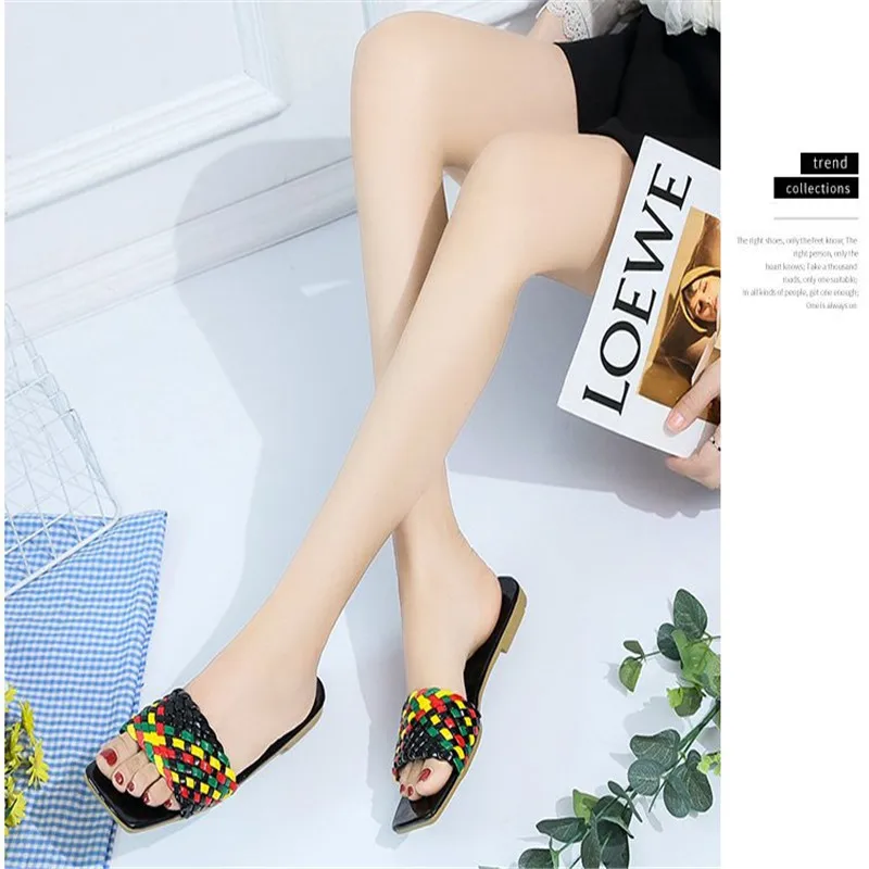 

2021 European and American new color woven square toe open-toed flat-bottomed flip-flop 1766