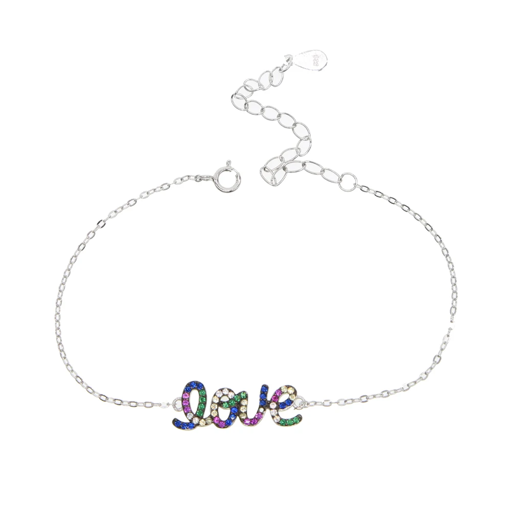 

16+5cm 925 sterling silver Pulseira Valentine's Day Gift Link chain Letter LOVE Charm letter colorful Bracelet & Bangle Femme