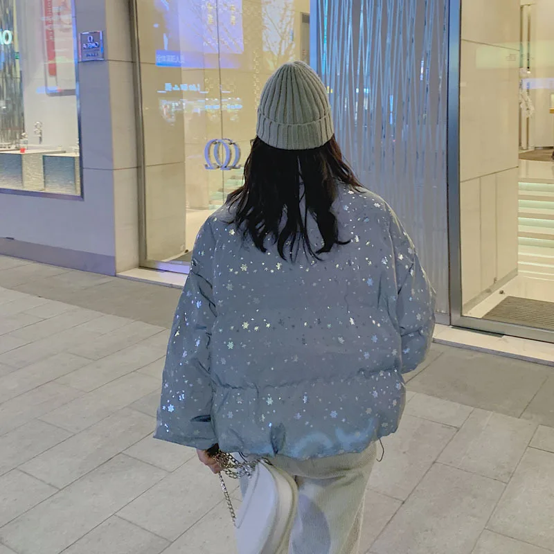 

2020 New Winter Fashion Women Coat Full Sleeve Lapel High Street Thick Fluorescent Snowflake Sustans Cotton Jacket C399