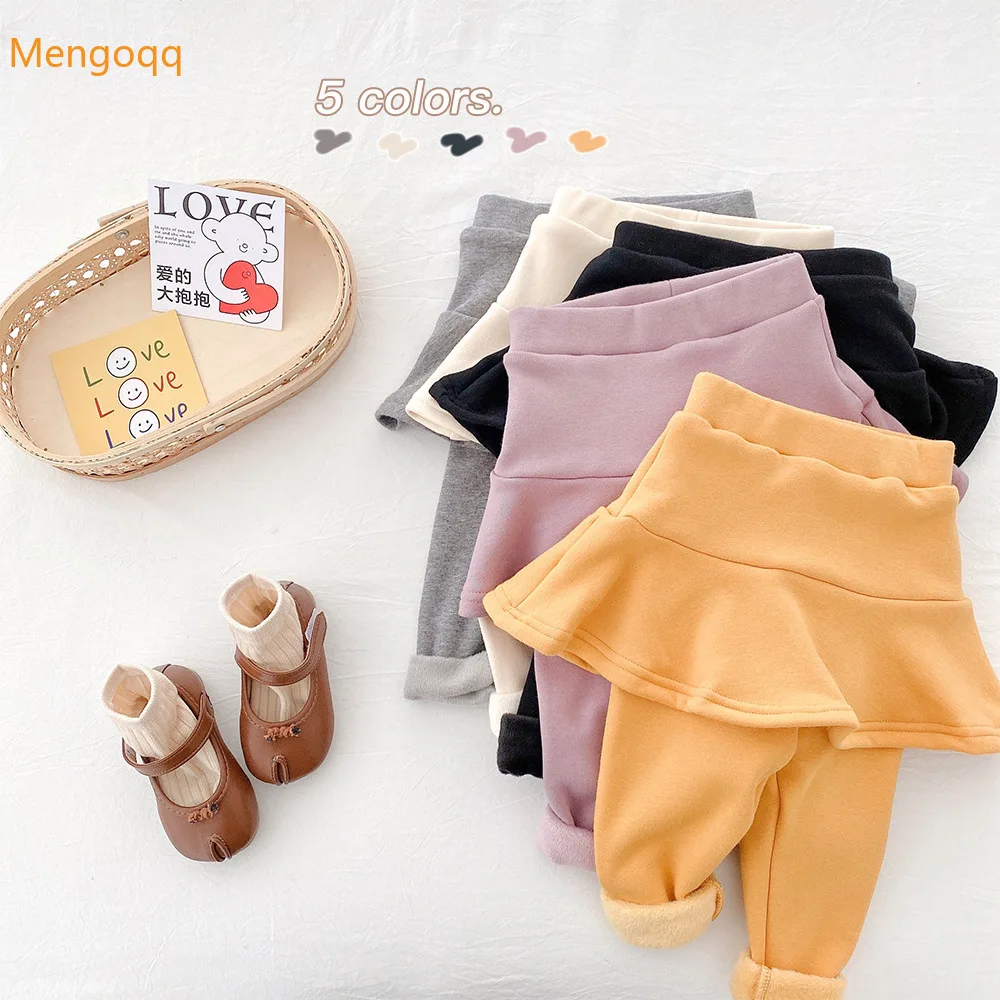 

Детские зимние плотные бархатные теплые однотонные брюки с рюшами для маленьких девочек, детская повседневная верхняя одежда принцессы, бр...