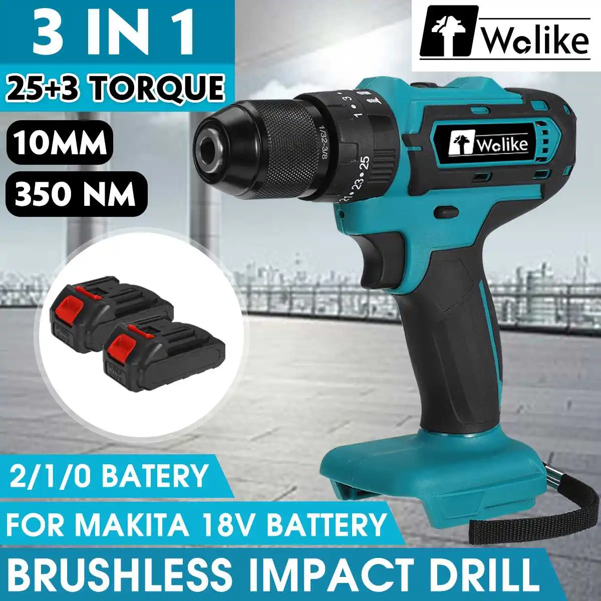 

350N.M 10mm Cordless Brushless Electric Drill Impact Screwdriver Flat Hammer 1/2 Hammer Drill Power Tools Fit For Makita Battery