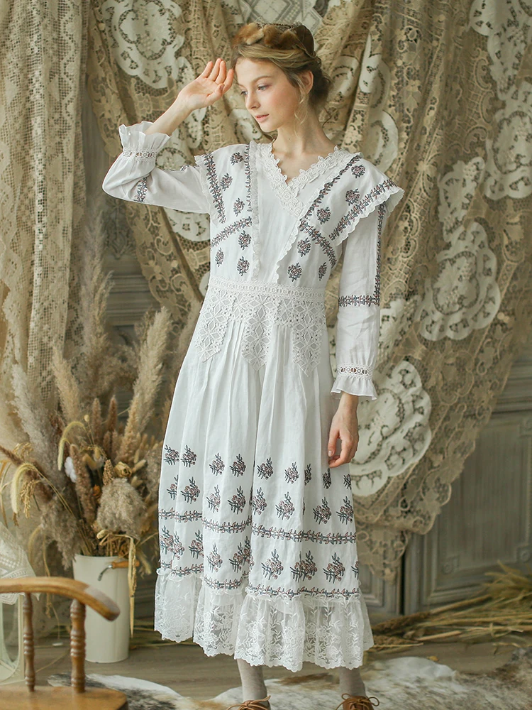 

Новинка 2020, осенне-зимнее платье для женщин VictoriaVintage, элегантное тонкое роскошное длинное платье с вышивкой, повседневное милое белое круже...