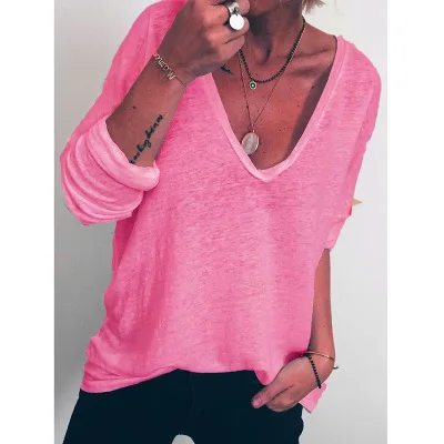 

Fall 2020 new fashion trends European and American style fashion ladies casual loose long sleeve V-neck top T-shirt