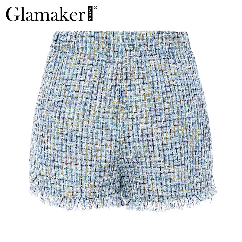 Glamaker, пуговицы, высокая талия, Ретро стиль, твид, шорты для женщин, кисточка, бахрома, клетчатые шорты, женские, Ретро стиль, тонкие, офисные, женские шорты