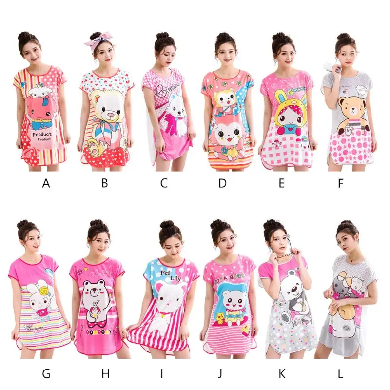 

Women Girls Short Sleeve Milk Fiber Nightdress Student Cute Cartoon Animal Double Sided Print Sleepwear Side Split Loose Pajamas