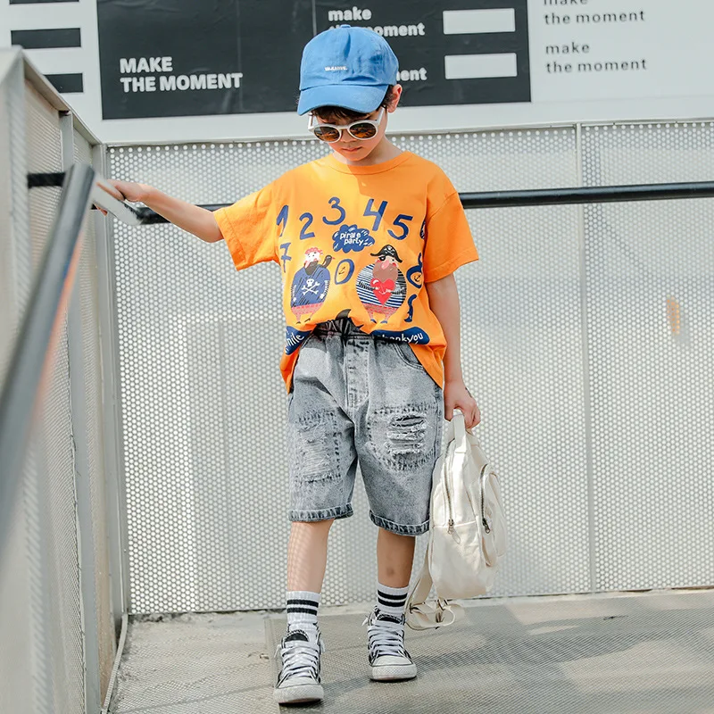 

BINUDUCKLING 2020 Summer Kids Boys Outfit Set Cotton Printed Tshirt Jeans Fashion Kids Boys Clothes Set Children Clothing