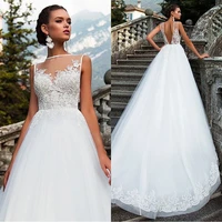 jewel illusion neck a line tulle wedding dresses backless custom made bridal gowns applique ivory tulle wedding dress