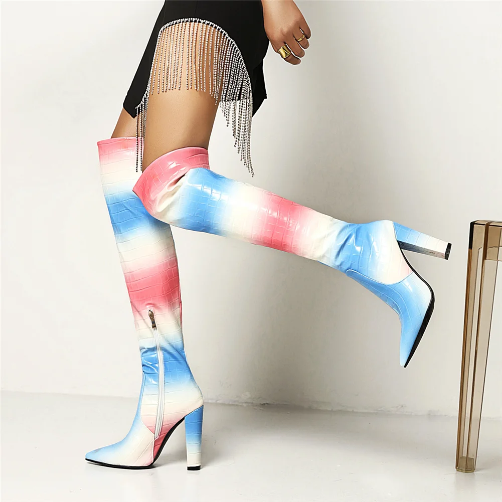 

RIBETRINI New Arrivals Tie Dye Zipper Thigh High Boots Women Light Candy Color Cosplay Party Dress Wedding Over The Knee Boots