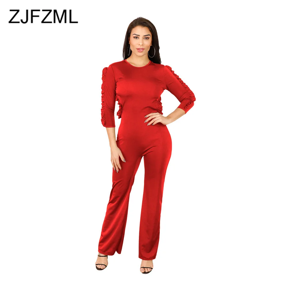 

Элегантные женские комбинезоны с каскадными оборками и открытой спиной, Модный комбинезон с круглым вырезом и рукавом три четверти, Осенни...