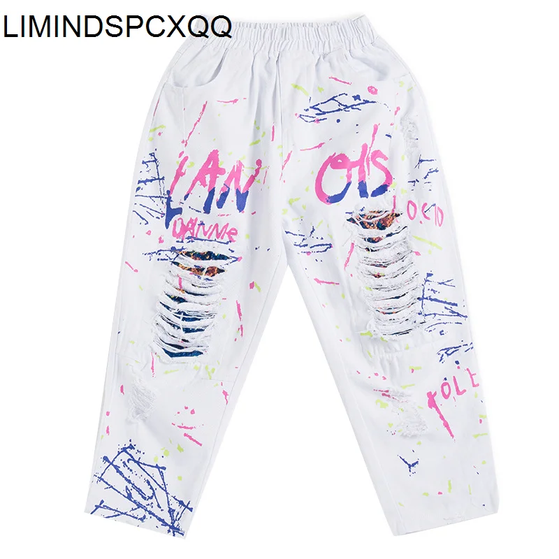 

LIMINDSPCXQQ Summer Design Women Holes Spliced Contrast Color Jeans Ladies Ripped White Denim Trousers Punk Style Harem Pants