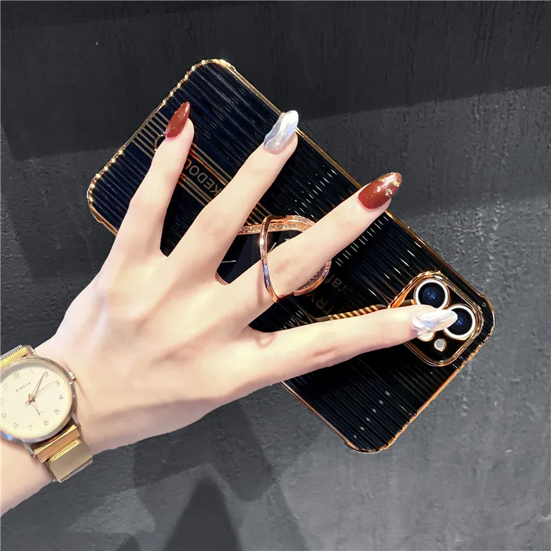 For iPhone 13 Pro Max Case Luxury Stripe Gold Plated Grip Tok Ring Holder Cover for iPhone 11 12 13 mini 7 8 Plus XS Max XR X