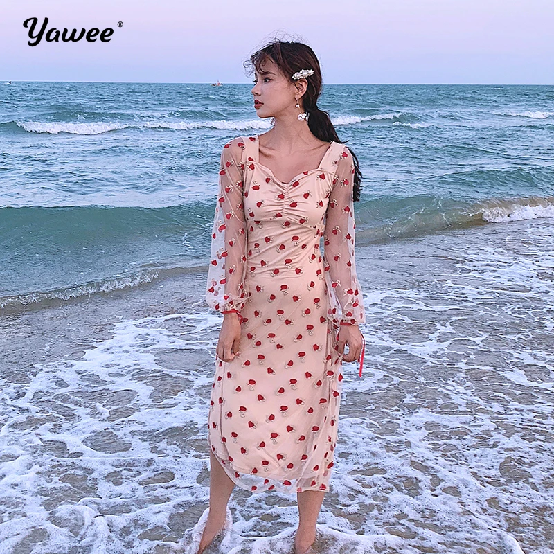 

Rose Flower Embroidery V neck Elegant Dress Pleated Mesh Overlay Floral White Dresses Women Vintage Style Party Dress