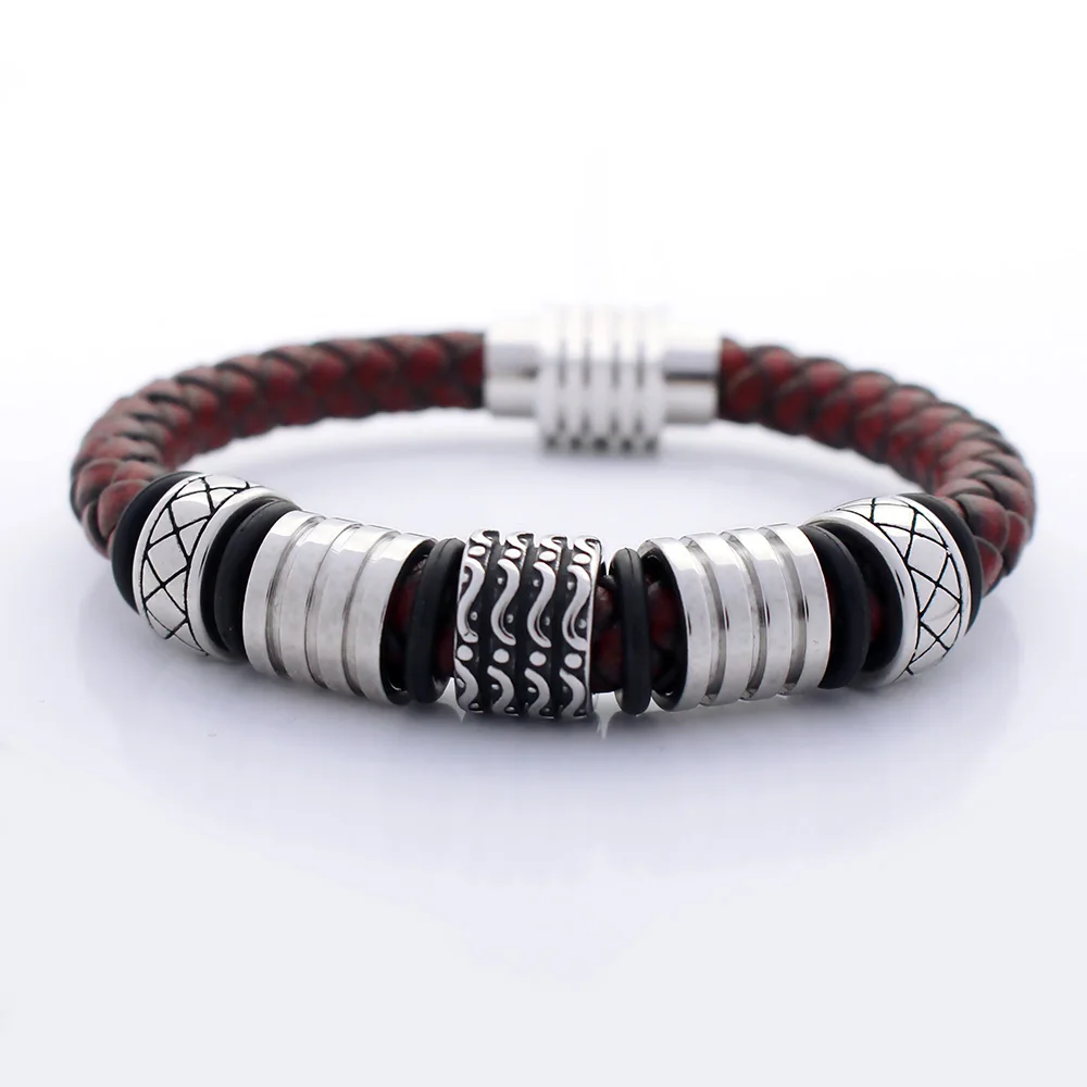 

Men Jewelry 8MM Genuine Braided Leather Bracelet Never Fade Stainless steel Flower Charms Bead Bangles Jewelry with Magnet Clasp