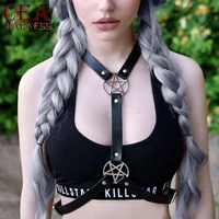 cea sexy punk pentagram faux leather harness bra body waist belt fashion black chest harness for women handmade straps suspender