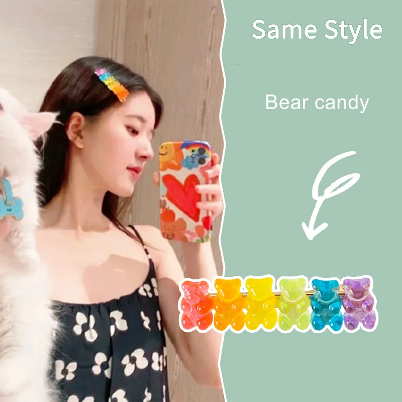 

Ins Candy Color Bear Hairpin Rainbow Soft Jelly Bangs BB Hair Clips/Slides Girly Heart Cartoon Lovely Sweet Hair Accessories