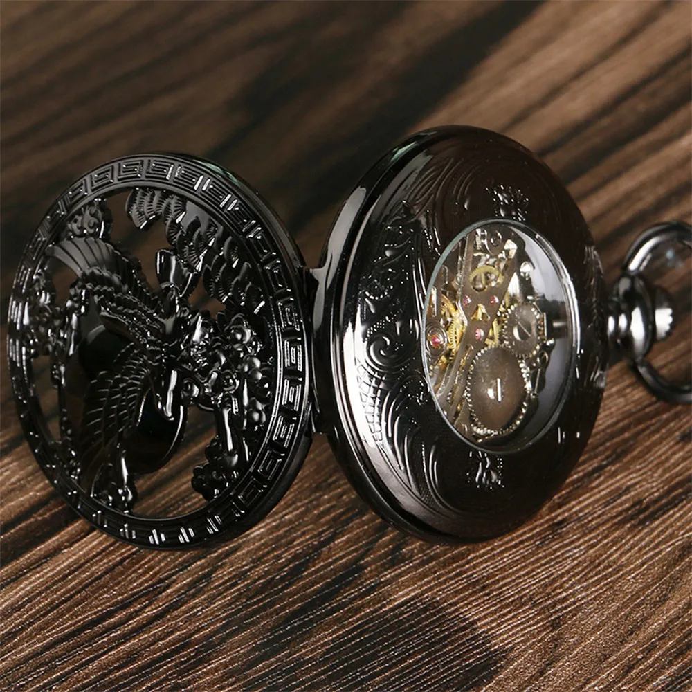 Black Retro Eagle Display Mechanical Hand Winding Pocket Watch Arabic Numerals Dial Manual Mechanism Pendant Pocket Clock