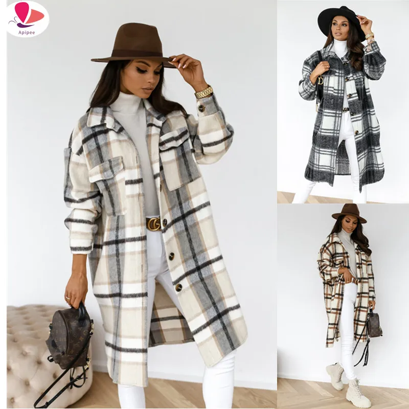

2022 Winter Checked Women Jacket Down Overcoat Warm Plaid Long Coat Oversize Thick Woolen Blends Retro Female Casual Streetwear