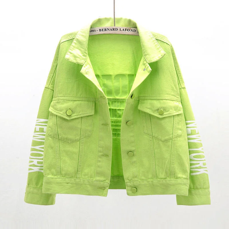 

2021 Short Denim Jacket Women Spring Autumn Cotton Student Jeans Outwear Letter print Loose Casual Top Grass-green Orange