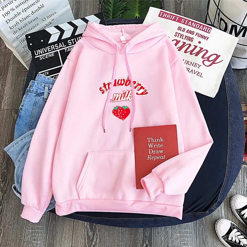 

Merry Pretty Pink Cute Strawberry Hoodie Sweatshirt Harajuku Milk Graphic Hooded Pullovers School Girls Tracksuit 2XL