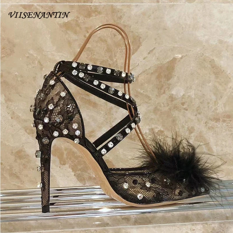 

Luxury rhinestone black sexy lace high-heeled sandals spring and summer crystal feather stiletto party wedding sandals women