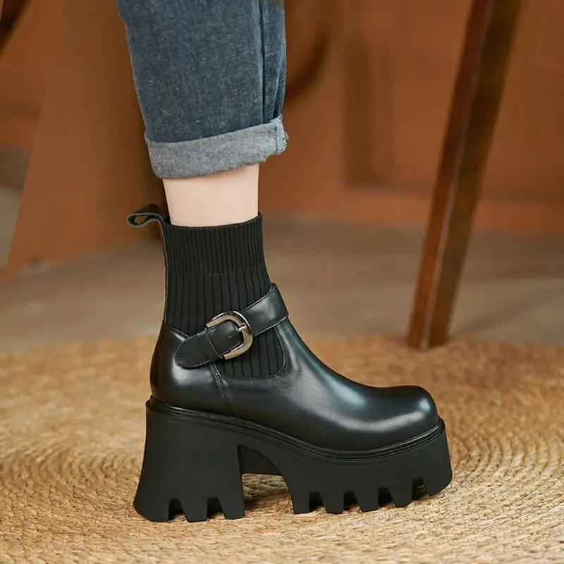 

Autumn Winter Buckle Anklet Boots Round Toe Thick Sole Comfortable Platform for Woman Winter Female Gothic Women Botas De Mujer