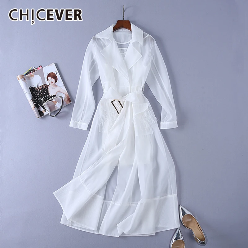 

CHICEVER Casual Dress For Women Lapel Long Sleeve High Waist With Sashes Patchwork Perspective Elegant Dresses Female 2021