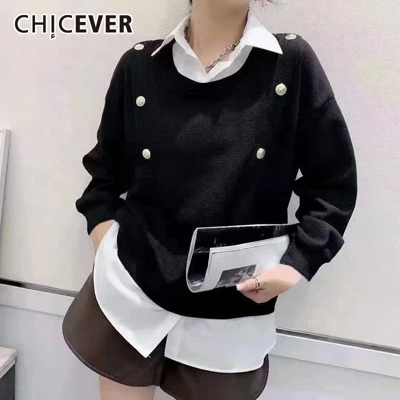 

CHICEVER повседневные комплекты из двух предметов для женщин, простые однобортные рубашки с длинными рукавами, лоскутные вязаные пуловеры на п...