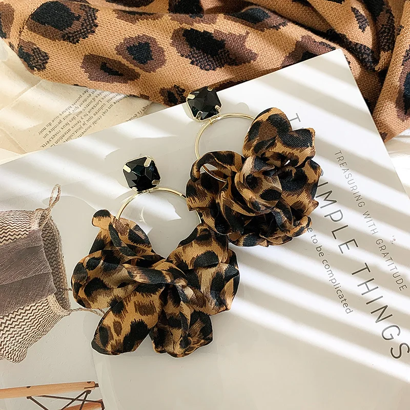 

925 Silver Needle European And American New Retro Nightclub Personalized Fashion Leopard Print Cloth Big Earrings