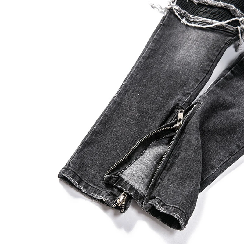 

ELKMU Vintage Black Jeans Men Denim Pants Joggers Male Streetwear Hole Ripped Jeans Zipper Design Slim Fit Pencil Pant Male HM95