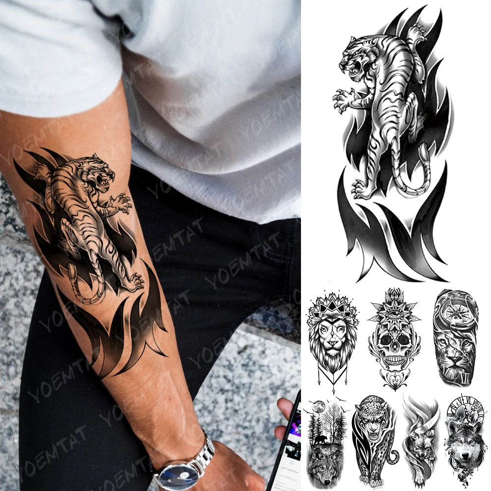 

Waterproof Temporary Tattoo Sticker Tiger Flame Totem Flash Tattoos Lion Wolf Skull Body Art Arm Fake Sleeve Tatoo Women Men