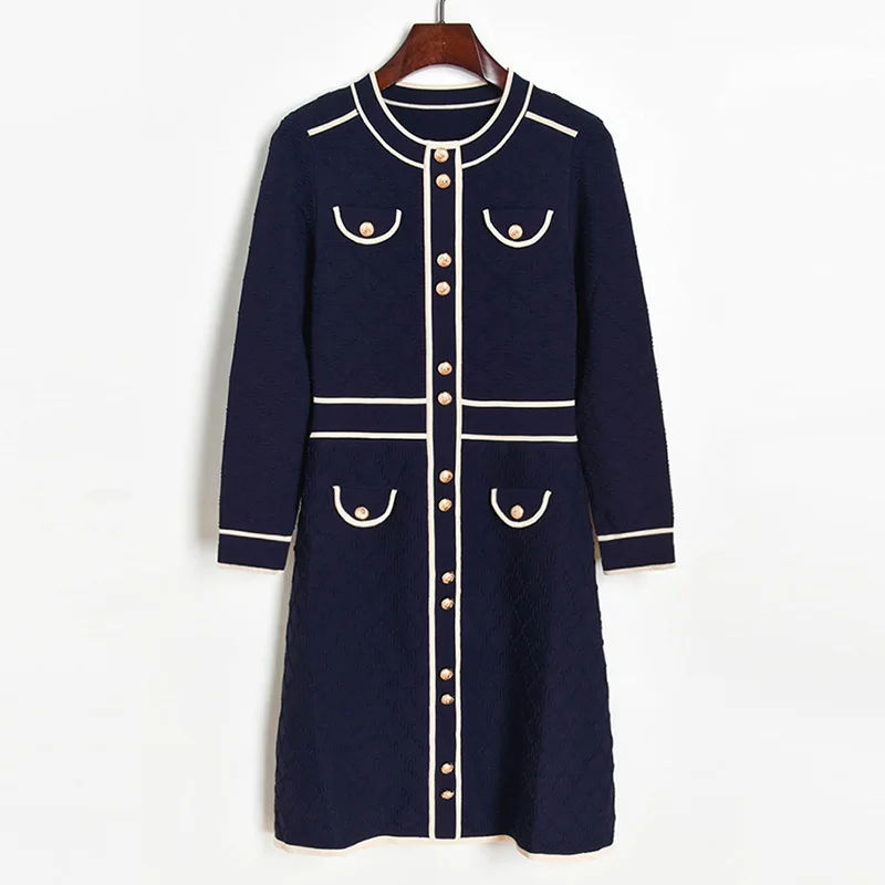 

Spring autumn 2021 new women elegant fake pocket long sleeve knit sweater dresses office ladies work wear dresses